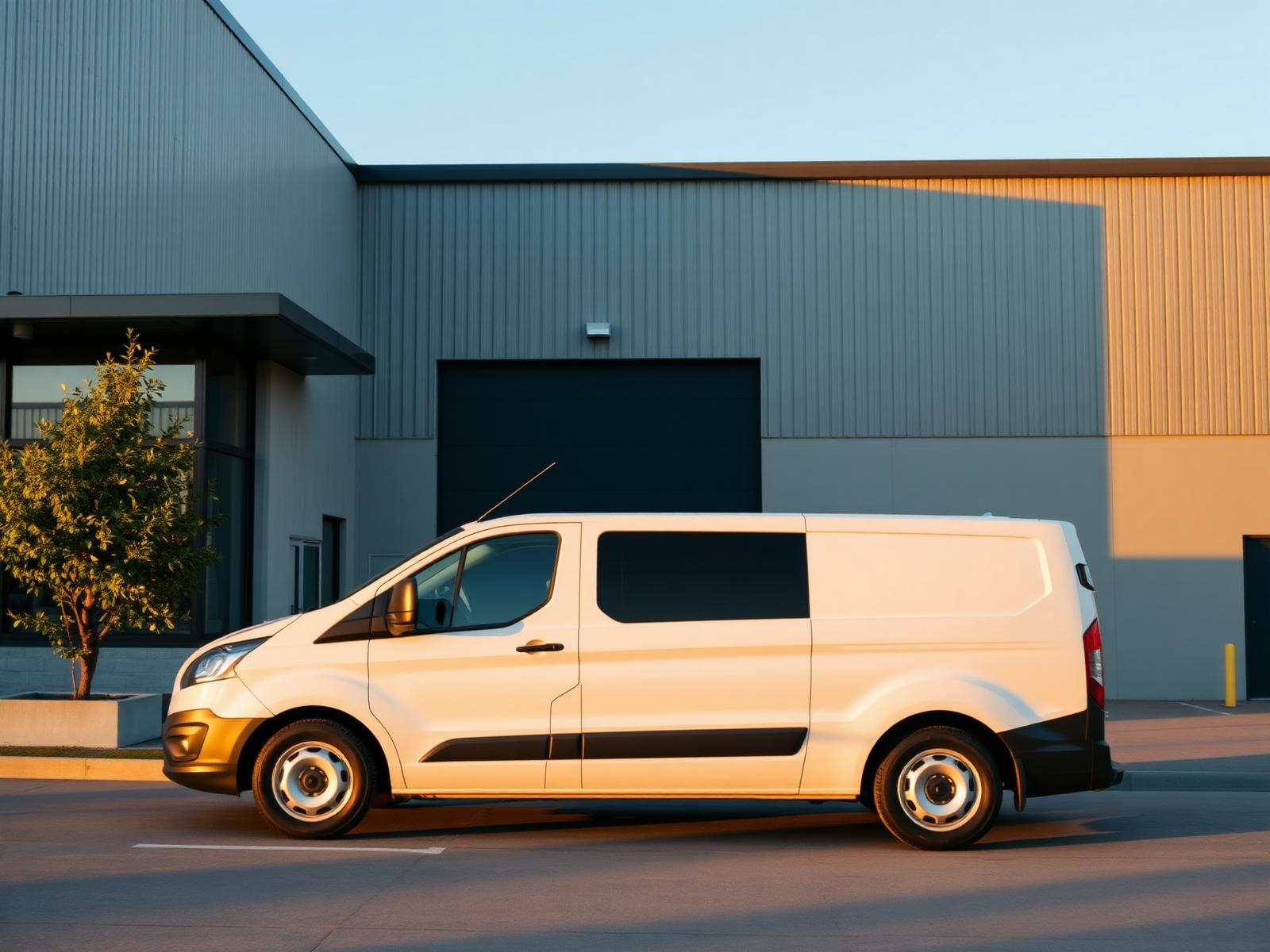 Clean white delivery van outside the warehouse